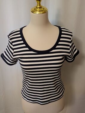 🎆 Eye Candy Classic Navy Blue and White Striped Scoop Neck Top